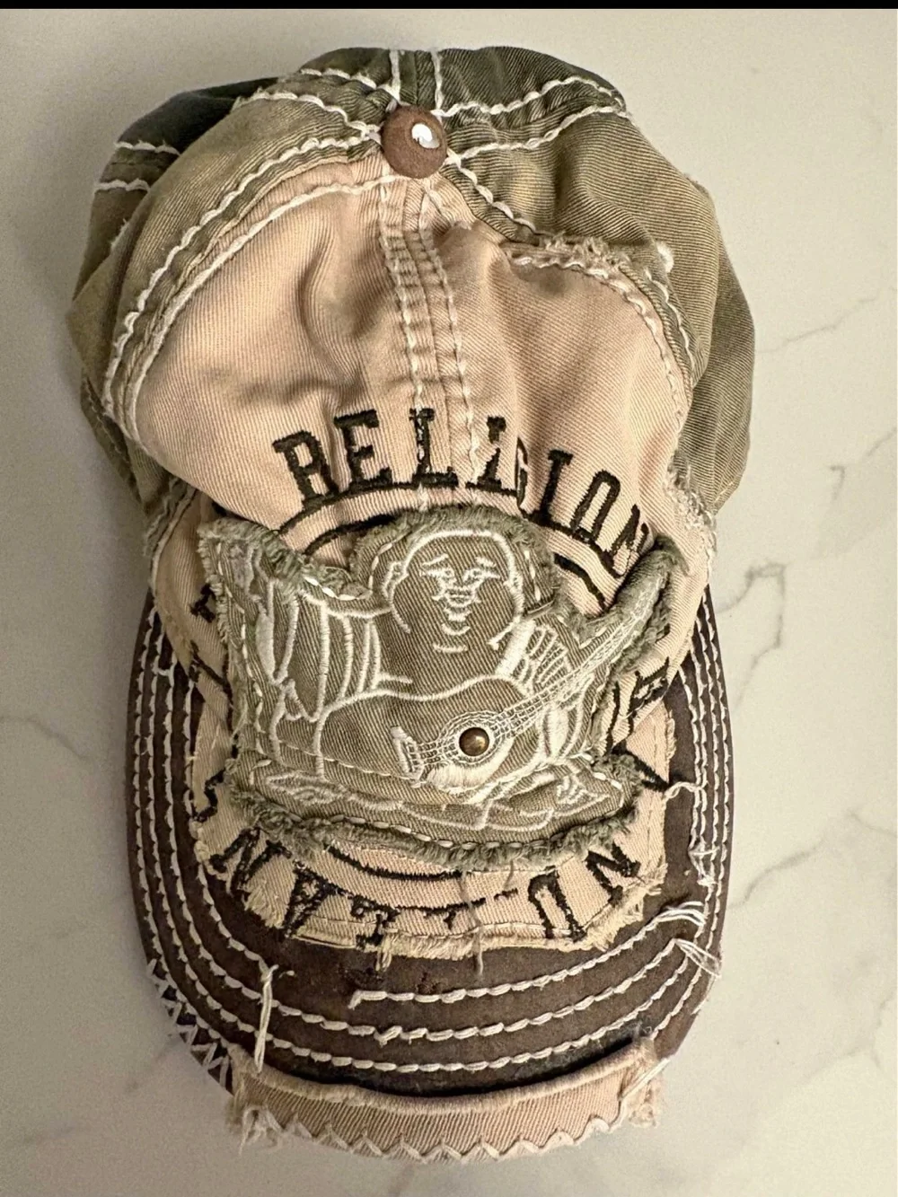 True Religion UNISEX Distressed Beige and Olive Cotton Baseball Cap